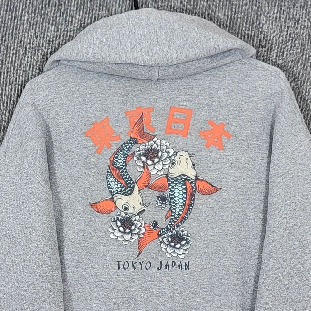 Bowery Supply Co Hoodie Mens Medium Gray Tokyo Japan Lotus Koi Fish Sweatshirt